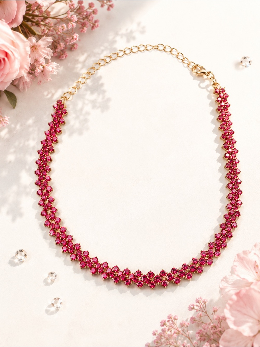 Fuchsia Pink Crystal Tennis Necklace Gold Tone Adjustable Statement Necklace